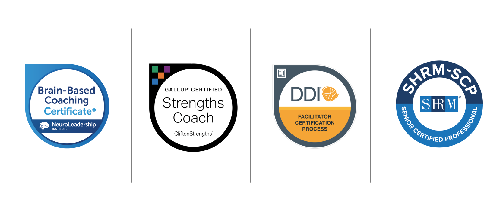 Brain-Based Coaching Certificate, Gallup Certified Strengths Coach, DDI Facilitator Certification, SHRM-SCP Senior Certified Professional